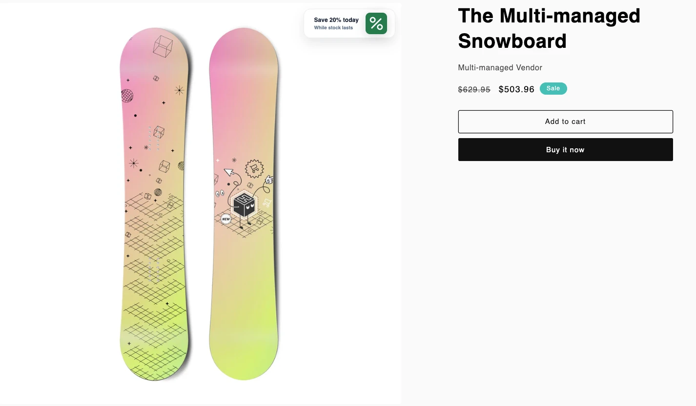 Shopify product page showing the markdown badge applied automatically from the live recovery rule